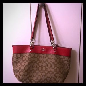 Signature Coach Jacquard & Red Leather Tote